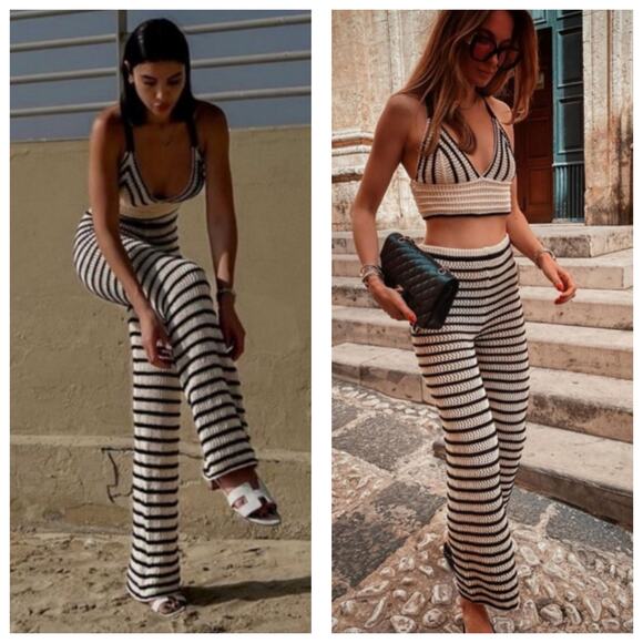 Zara Black White Knit Striped Wide Leg Pants Size Small High Rise Stretch Beach - Picture 13 of 13